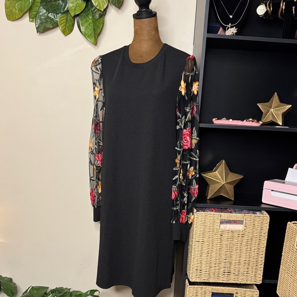 NWOT SHEIN Black Dress with Floral Sleeves